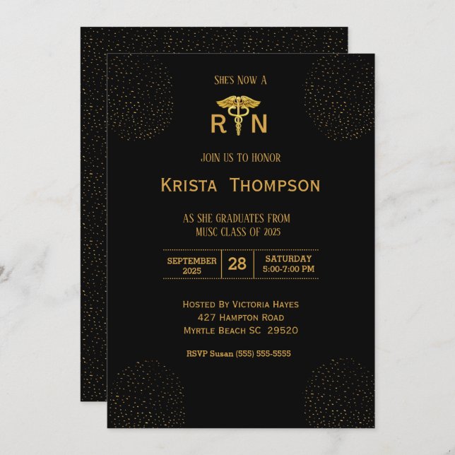 Invitation Élégant diplômé de l'infirmière inscrite Black Gol (Devant / Derrière)