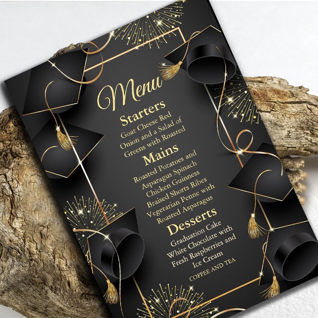 Invitation Élégant diplôme en noir et or (Elegant Black & Gold Graduation Invitation #menu #zazzlemade #dinner #graduationparty #blackgold )