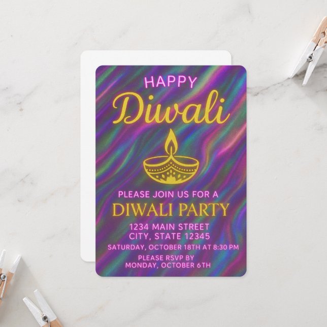 Invitation Elégant Diya or sur Rainbow Glow Happy Diwali (Devant/Arrière en situation)