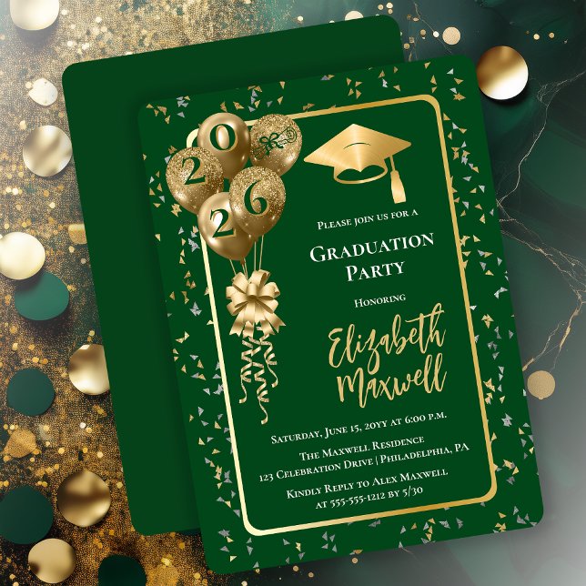 Invitation Elegant Dk Green Gold Balloons Graduation Party (Elegant Dark Green and Gold Tone Graduation Party Invitation Balloons and Confetti - Print | Digital)