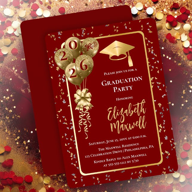 Invitation Elegant Dk Red Gold Balloons Graduation Party (Elegant Dark Red and Gold Tone Graduation Party Invitation Balloons and Confetti - Print | Digital)
