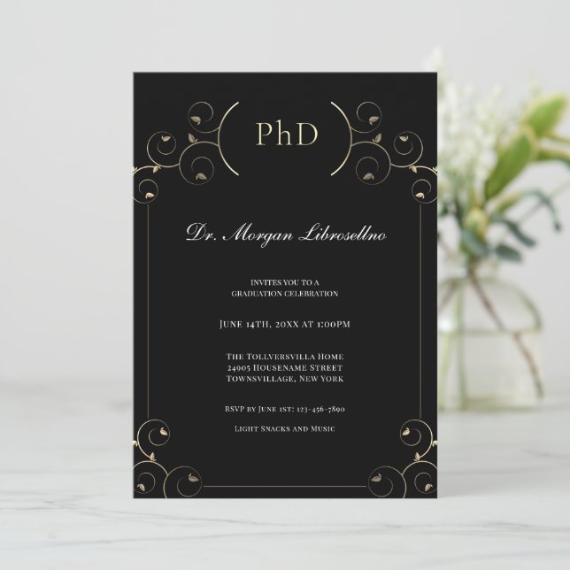 Invitation Élégant doctorat Gold Black Graduation Party Invit (Debout devant)