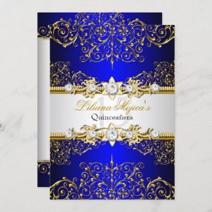 Invitation Elégant doré bleu Vintage glamour Quinceanera