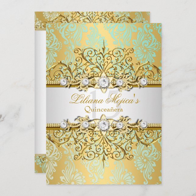 Invitation Elégant doré bleu Vintage glamour Quinceanera (Devant / Derrière)