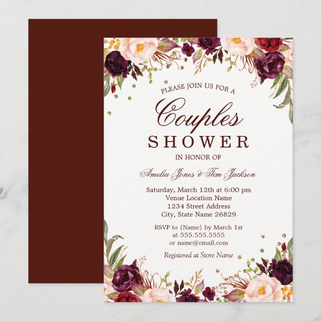 Invitation Élégant doré bordeaux floral couples douche (Devant / Derrière)