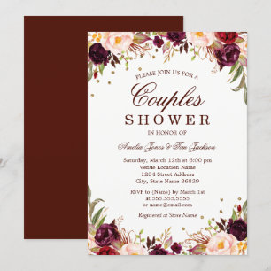 Invitation Élégant doré bordeaux floral couples douche