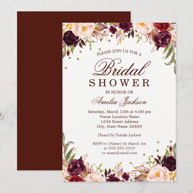 Invitation Élégant doré bordeaux floral douche de mariée (Devant / Derrière)