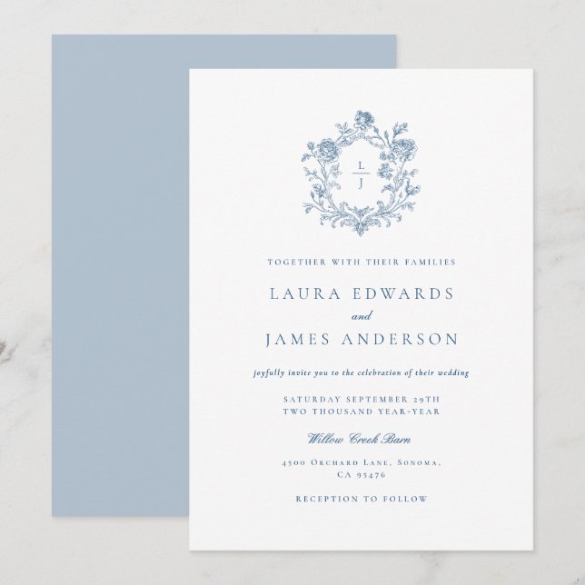 Invitation Élégant dos rayé à blason floral bleu mariage (Devant / Derrière)