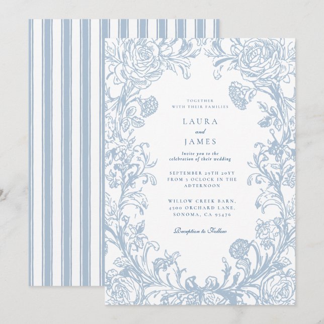 Invitation Élégant dos rayé à blason floral bleu mariage (Devant / Derrière)