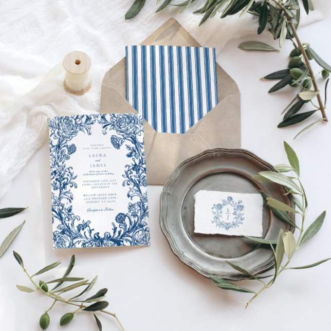 Invitation Élégant dos rayé à blason floral bleu mariage (Créateur téléchargé)