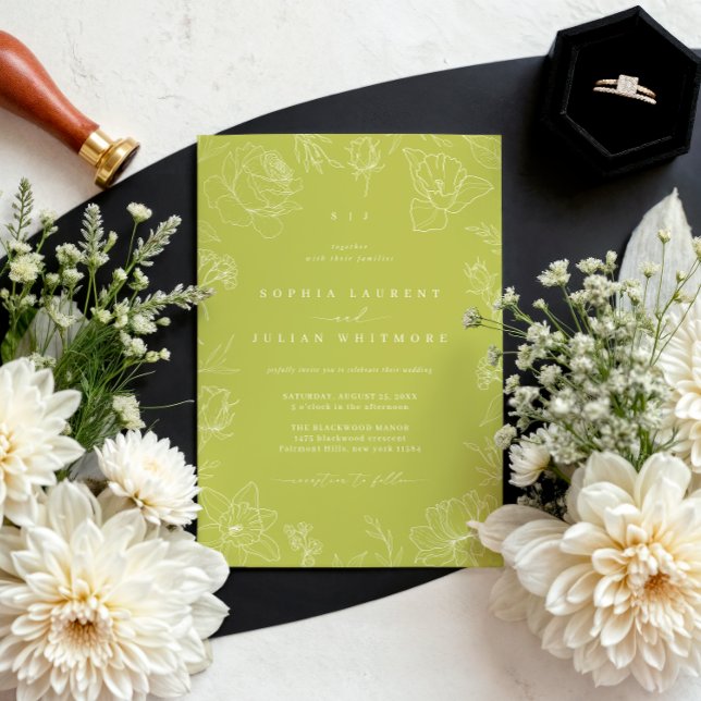 Invitation Elegant Drawn Floral Citrus Green Garden Wedding (Créateur téléchargé)