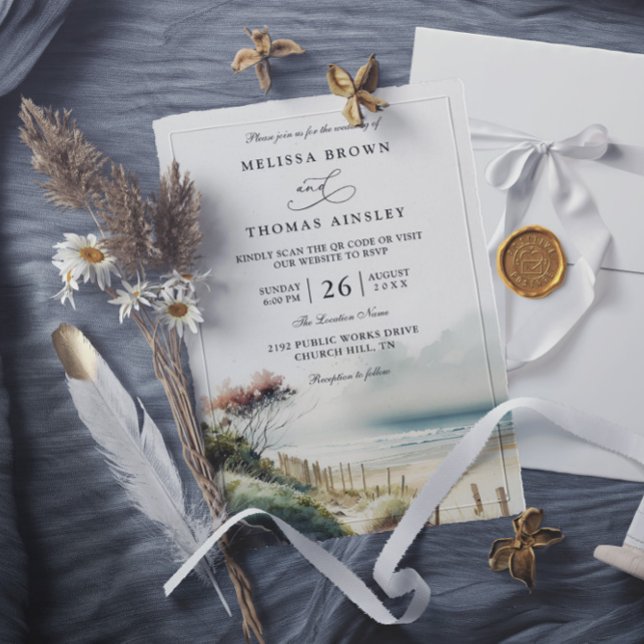 Invitation Elegant Dusky Coastal Sand Beach QR Code Wedding (Créateur téléchargé)