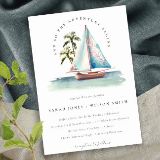 Invitation Elégant Dusky Turquoise Sailboat Palm Mariage mari