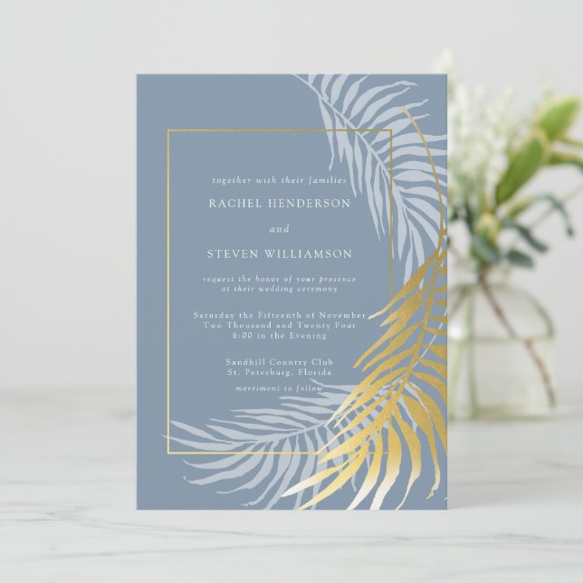 Invitation Elégant Dusty bleu et blanc Mariage tropical (Debout devant)