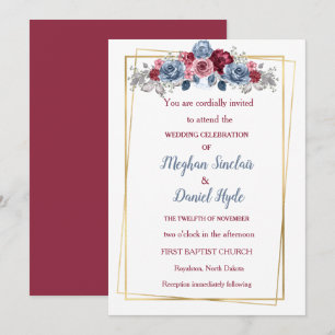Invitation Elégant Dusty Bleu et Mariage Bourgogne