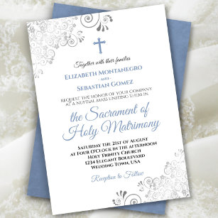 Invitation Elégant Dusty Bleu & Gris Mariage catholique moder