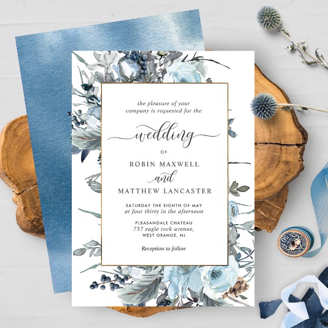 Invitation Elégant Dusty Bleu, Marine et Blanc Mariage Floral (Créateur téléchargé)
