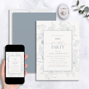 Invitation Elégant Dusty Blue 60e anniversaire Floral Line Ar