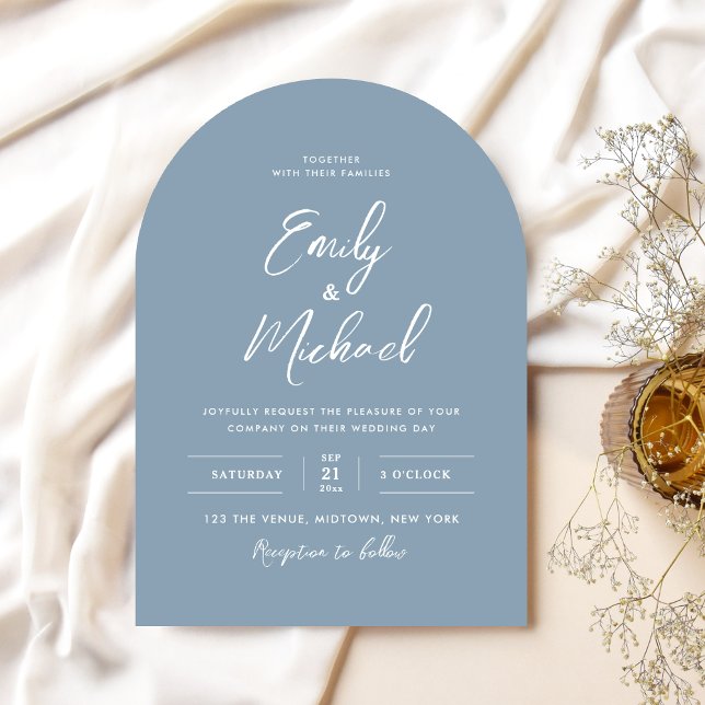 Invitation Elegant Dusty Blue Arch Calligraphy Script Wedding (Elegant white calligraphy script on a beautiful arched dusty blue background - a timeless classic)