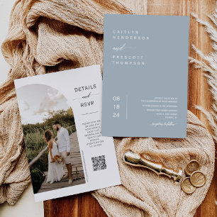 Invitation Elégant Dusty Blue Boho Photo QR Code Mariage Invi