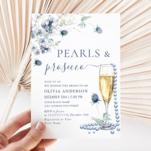 Invitation Elégant Dusty Blue Boho Winter PEARLS & Prosecco