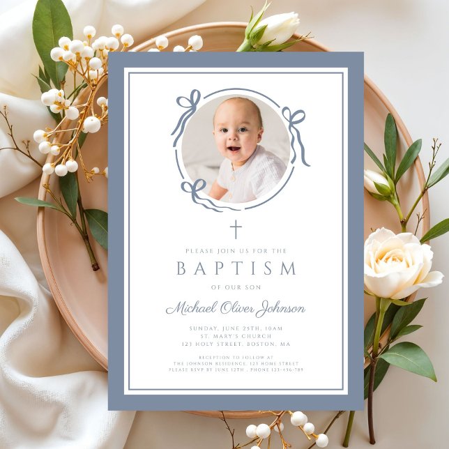 Invitation Elegant Dusty Blue Bow Boy Photo Baptism (Elegant Dusty Blue Bow Boy Photo Baptism Invitation)