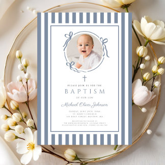 Invitation Elegant Dusty Blue Bow Photo Boy Baptism