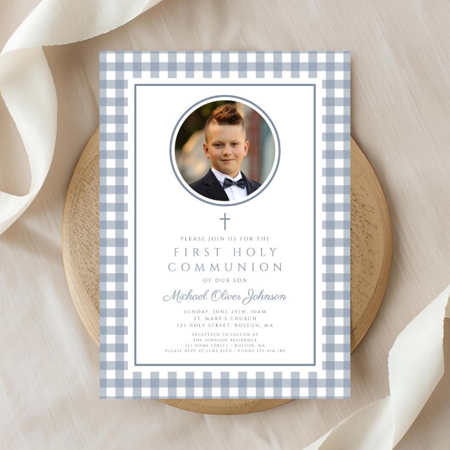 Invitation Elegant Dusty Blue Bow Photo Boy First Communion (Elegant Dusty Blue Bow Photo Boy First Communion Invitation)