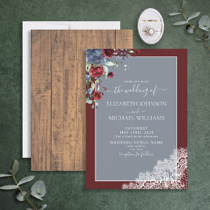 Invitation Élégant Dusty Blue Burgundy Mariage Script