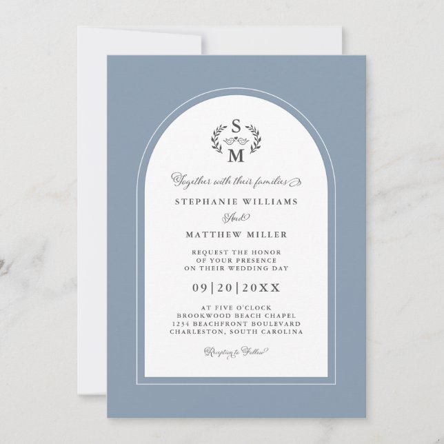 Invitation Élégant Dusty Blue Calligraphy Crest Arch Mariage (Devant)