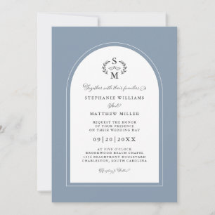 Invitation Élégant Dusty Blue Calligraphy Crest Arch Mariage