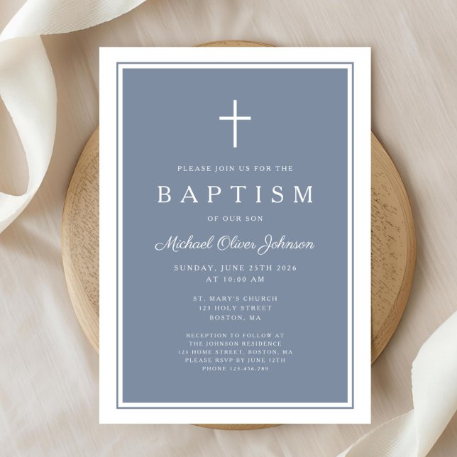Invitation Elegant Dusty Blue Cross Baby Boy Baptism (Elegant Dusty Blue Cross Baby Boy Baptism Invitation)