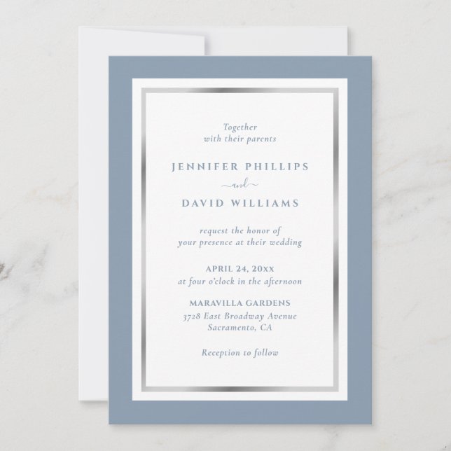 Invitation Elégant Dusty Blue et Mariage argent personnalisé (Devant)