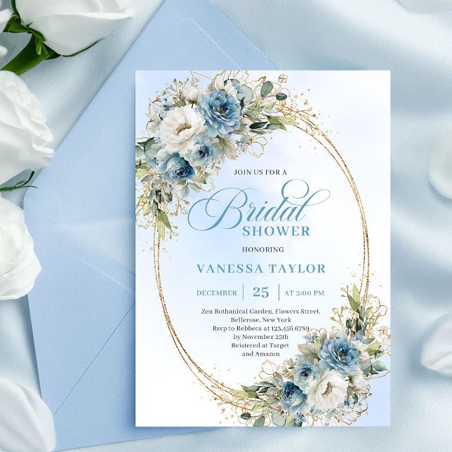 Invitation Elegant Dusty Blue Eucalyptus Gold Bridal Shower  (Elegant Dusty Blue Eucalyptus Gold Bridal Shower Invite)