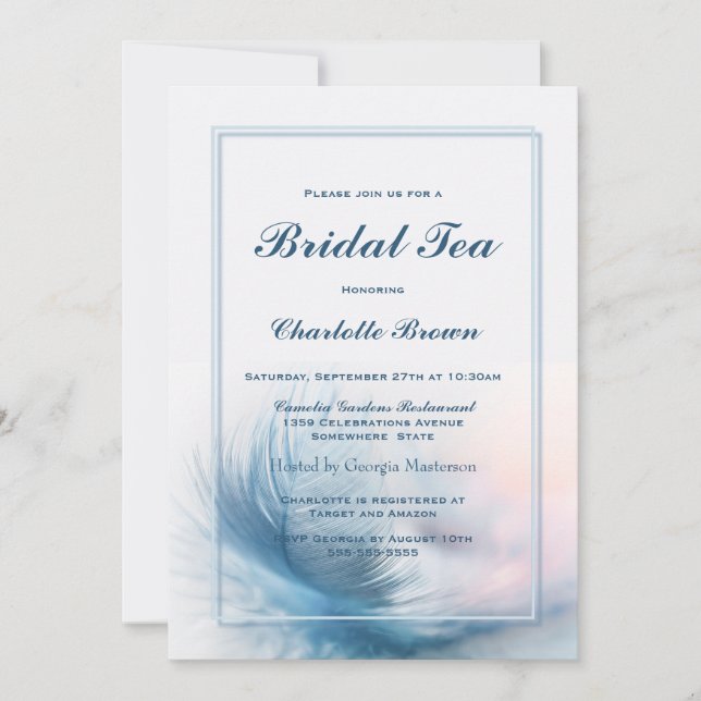 Invitation Elégant Dusty Blue Feather Thé nuptial (Devant)