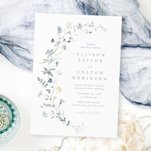 Invitation Elégant Dusty Blue Fleur sauvage Rustic Boho Maria (Elegant Dusty Blue Wildflower Rustic Boho Wedding Invitation)