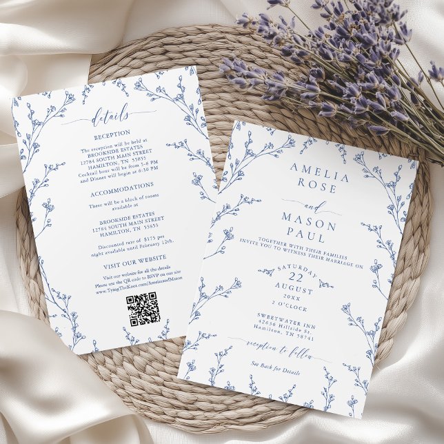 Invitation Elegant Dusty Blue Floral All-In-One Wedding (Elegant Dusty Blue Floral All-In-One Wedding Invitation)