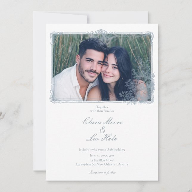 Invitation Elegant Dusty Blue Floral Border Wedding Photo (Devant)