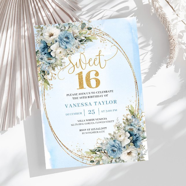 Invitation Elegant Dusty Blue Floral Eucalyptus Sweet Sixteen (Elegant Dusty Blue Floral Eucalyptus Sweet Sixteen Invite)
