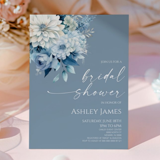 Invitation Elegant Dusty Blue Floral Flowers Bridal Shower (Créateur téléchargé)