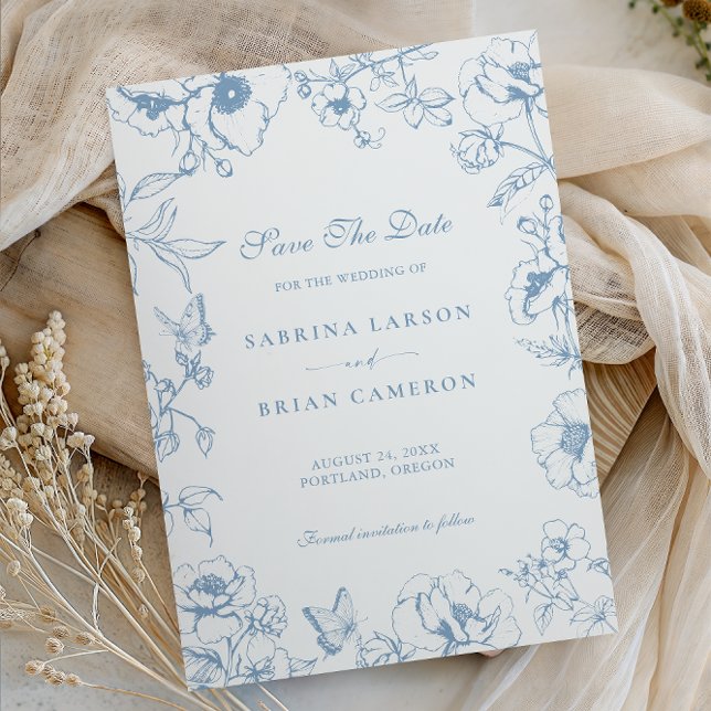 Invitation Elegant Dusty Blue Floral Garden Save The Date (Créateur téléchargé)