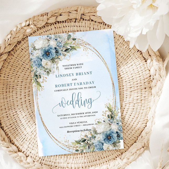 Invitation Elegant Dusty Blue Floral Gold Frame Wedding  (Elegant Dusty Blue Floral Gold Frame Wedding Invite)
