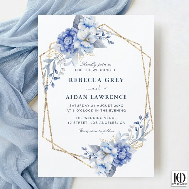 Invitation Elegant Dusty Blue Floral Gold Geometric Wedding (Créateur téléchargé)