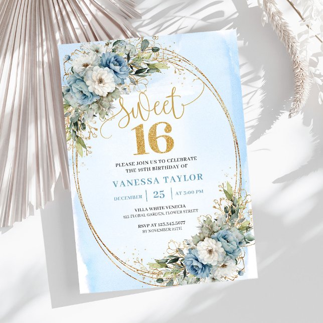 Invitation Elegant Dusty Blue Floral Sweet Sixteen Party   (Elegant Dusty Blue Floral Sweet Sixteen Party Invitation

)