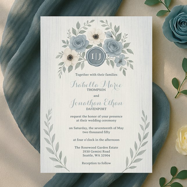 Invitation Elegant Dusty Blue Floral Wax Seal Wedding (Elegant Dusty Blue Floral Wax Seal Wedding Invitation
)