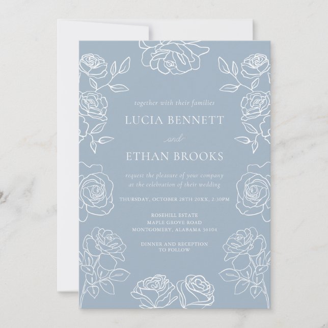 Invitation Elegant Dusty Blue French Roses Wedding (Devant)