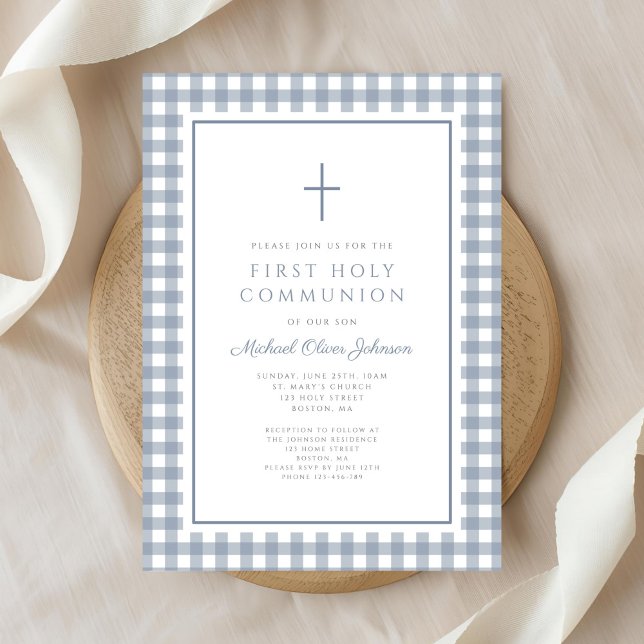 Invitation Elegant Dusty Blue Gingham Boy First Communion (Elegant Dusty Blue Gingham Boy First Communion Invitation)