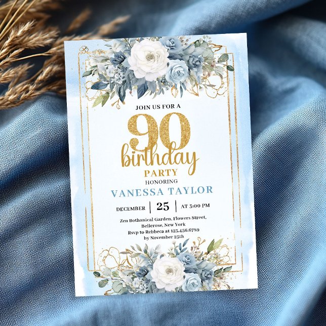 Invitation Elegant Dusty Blue Gold 90th Birthday Party Invite (Elegant Dusty Blue Gold 90th Birthday Party Invite)