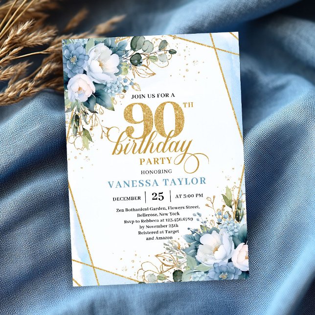 Invitation Elegant dusty blue gold frame 90th birthday invite (Elegant dusty blue gold frame 90th birthday invitation)
