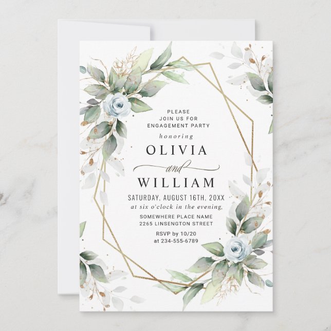 Invitation Elegant Dusty Blue  Greenery ENGAGEMENT PARTY (Devant)